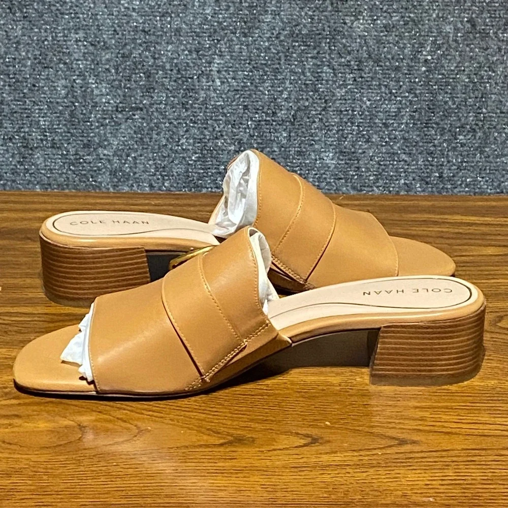 Cole Haan Crosby Slide Leather Sandal Women 10.5B‎ Tan Block Heel Gold Buckle